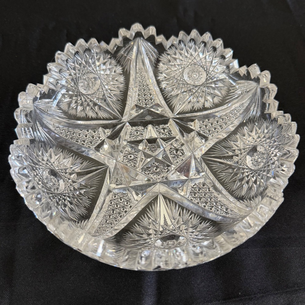 Antique ABP Cut Glass Bowl 7" American Brilliant Period 5-Point Star Hobstar